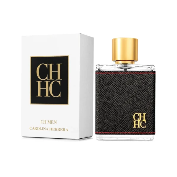CH Men Carolina Herrera perfume bottle with a black textured cover and gold CH logo beside its white box.