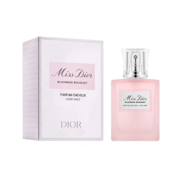 Miss Dior Blooming Bouquet perfume bottle with a pink box beside it, white label on bottle and silver spray cap