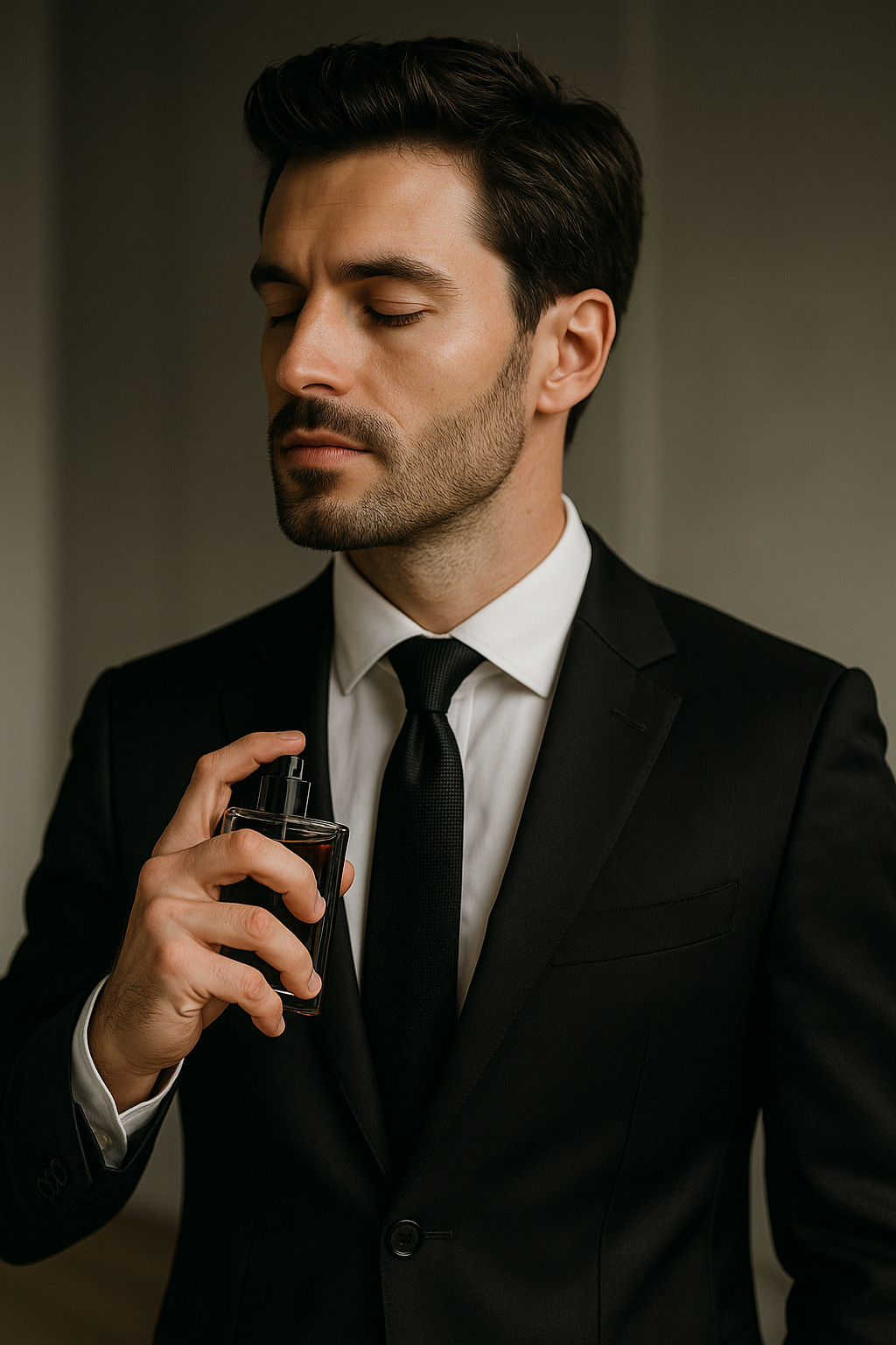 رجل أنيق يضع أحد أفخم العطور الرجالية التي تجسد الأناقة في عام 2025