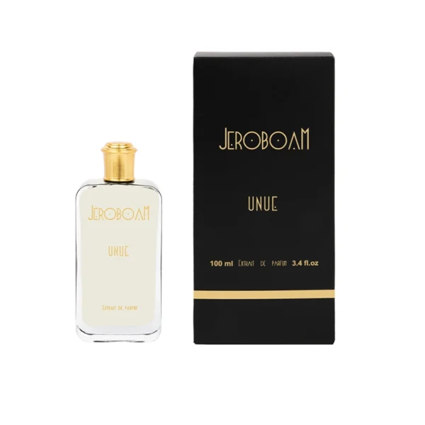 Jeroboam UNUE perfume bottle with a gold cap beside the black box