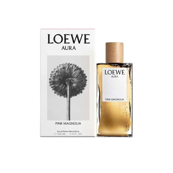 Loewe Aura Pink Magnolia perfume bottle beside its white box, showcasing a gold-tinted liquid and minimalist label