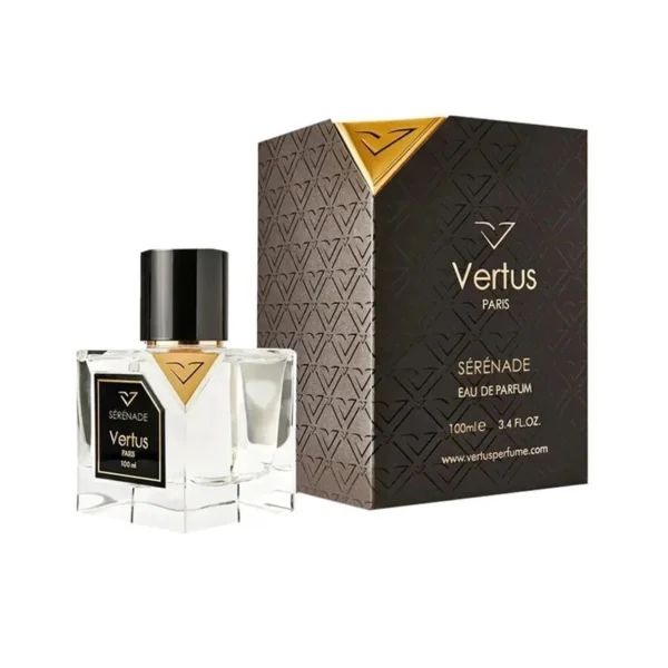 Perfume bottle and matching black-gold box labeled 'Vertus Paris Sérénade Eau de Parfum 100 ml' on a white background, brand logo visible