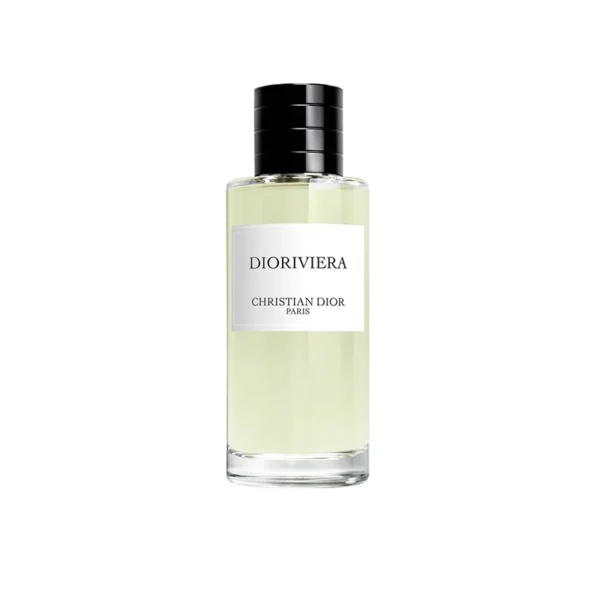 Dioriviera perfume bottle by Christian Dior with pale yellow liquid and black cap against white background, label visible