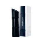 Black glossy perfume bottle beside a tall navy Kenzo Homme box with white outer packaging.
