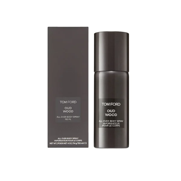 Tom Ford Oud Wood all-over body spray bottle next to its dark box.