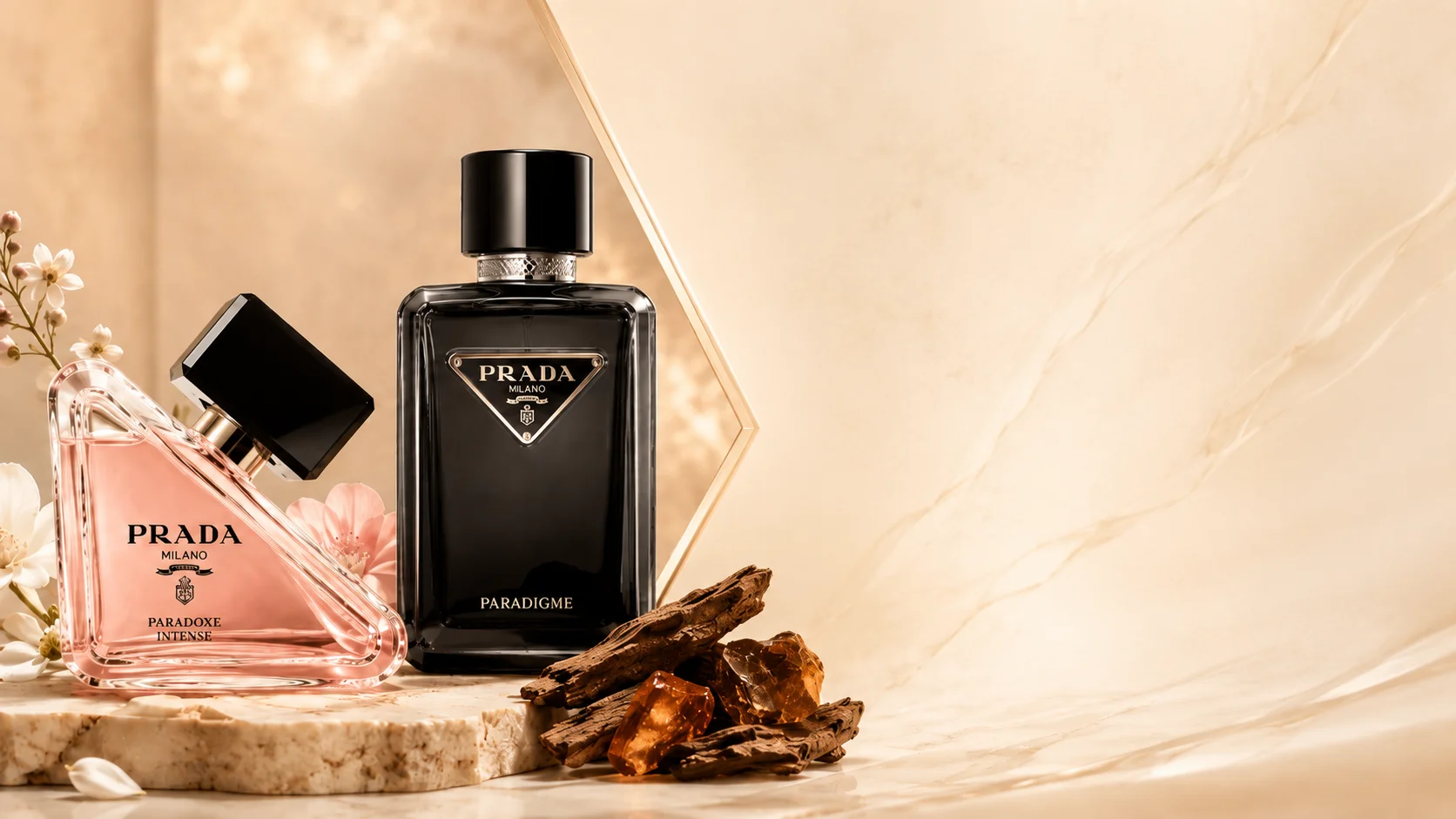 Two Prada perfume bottles on a marble surface: pink Paradoxe Intense and black Paradigme, with flowers and a geometric mirror in the background.