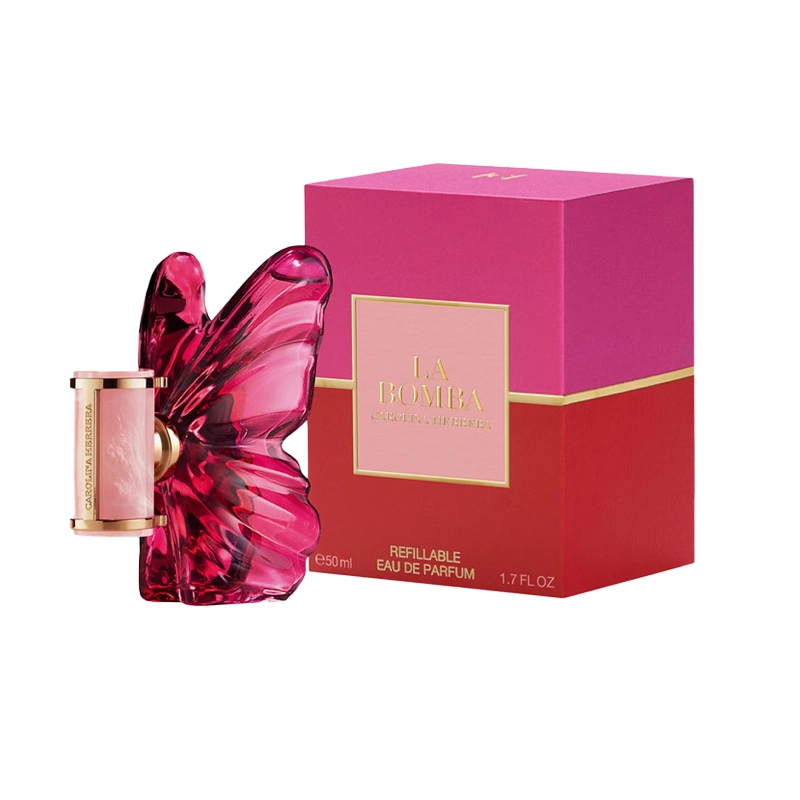 Pink butterfly-shaped perfume bottle with matching pink box labeled La Bomba, 50 ml, eau de parfum, refillable platform fragrance set