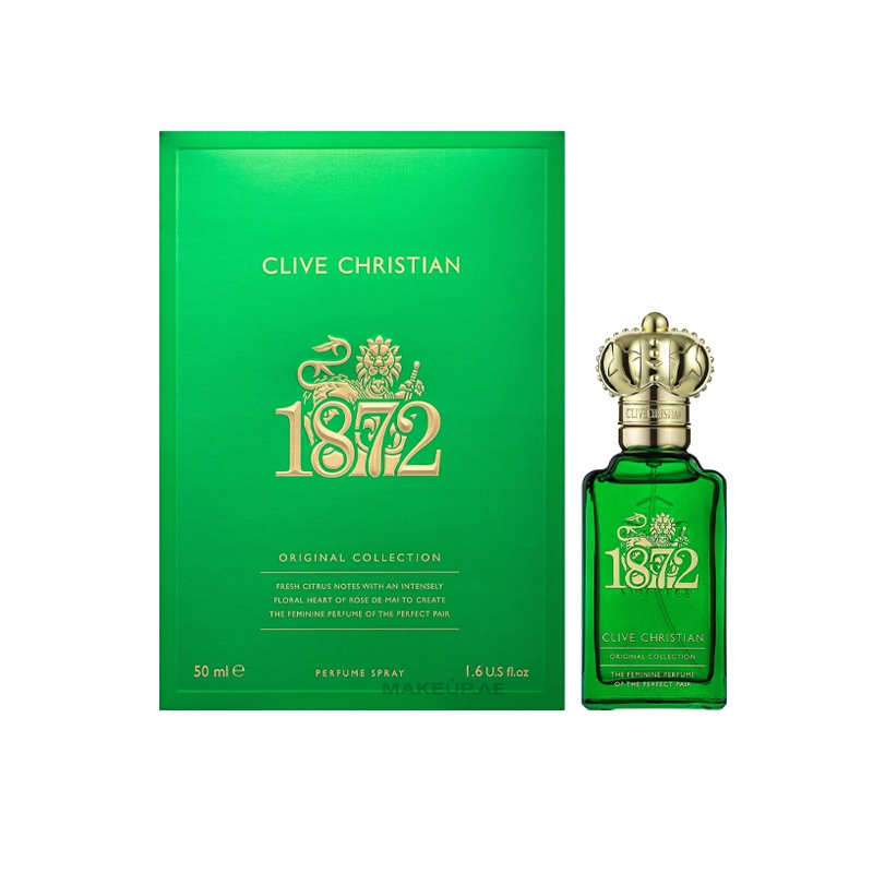 Green Clive Christian 1872 Original Collection perfume box with a matching green bottle featuring a gold crown cap on the right.