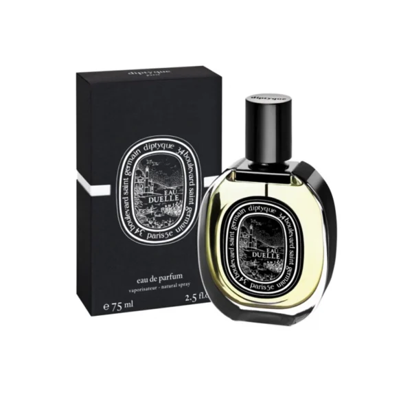 Diptyque Eau Duelle perfume bottle beside its black box with a circular emblem label; 75 ml listed on the box.