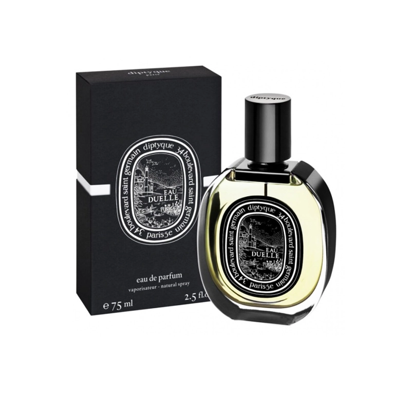 Diptyque Eau Duelle perfume bottle beside its black box with a circular emblem label; 75 ml listed on the box.
