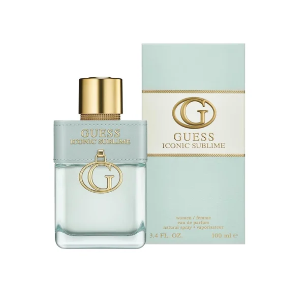 Guess Iconic Sublime women's perfume bottle with pale blue cap and gold logo beside its matching box.