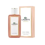 Lacoste Original perfume bottle with pink glass and white cap beside its pink box, labeled Eau de Parfum.