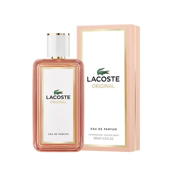 Lacoste Original perfume bottle with pink glass and white cap beside its pink box, labeled Eau de Parfum.