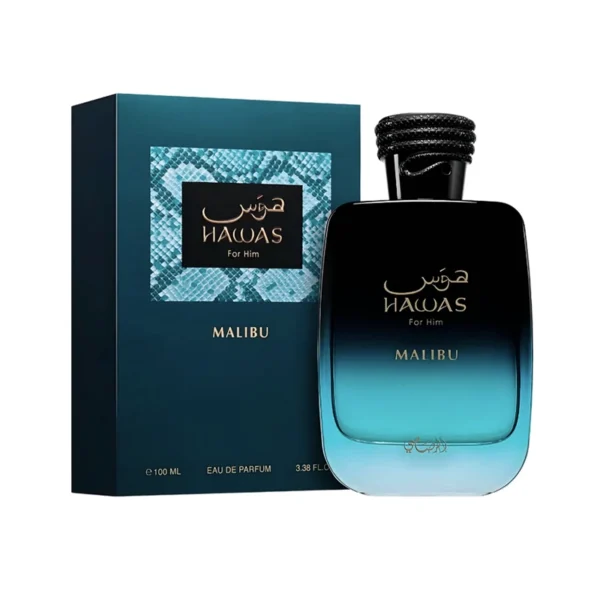 Hawas Malibu for Him perfume bottle with blue-to-teal gradient beside its matching dark teal box.