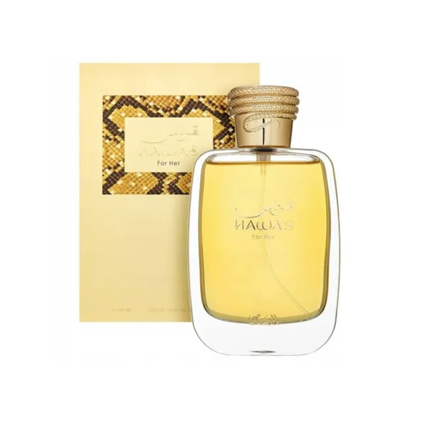Perfume bottle with amber liquid and a gold cap, shown beside a gold packaging box with a decorative label.