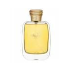Perfume bottle with amber-yellow liquid and a stacked gold cap, clear glass body revealing the fragrance inside, on a white background.
