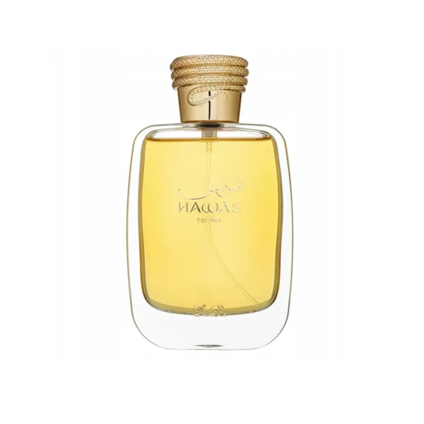 Perfume bottle with amber-yellow liquid and a stacked gold cap, clear glass body revealing the fragrance inside, on a white background.