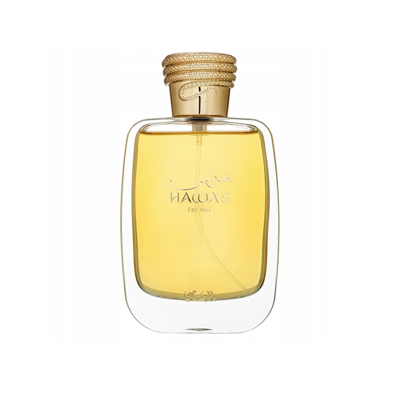 Perfume bottle with amber-yellow liquid and a stacked gold cap, clear glass body revealing the fragrance inside, on a white background.