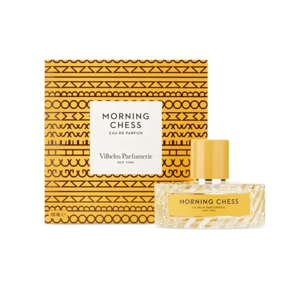 Bottle of Morning Chess perfume beside a patterned orange box with a white label reading Morning Chess, Vilhelm Parfumerie, New York, eau de parfum (100 ml).
