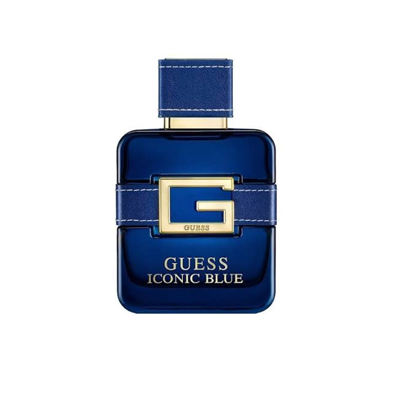 Blue glass perfume bottle with a gold belt-buckle logo and the text 'GUESS ICONIC BLUE' on the front.