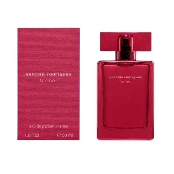 Narciso Rodriguez for Her Eau de Parfum Intense bottle beside its pink box (50 ml).