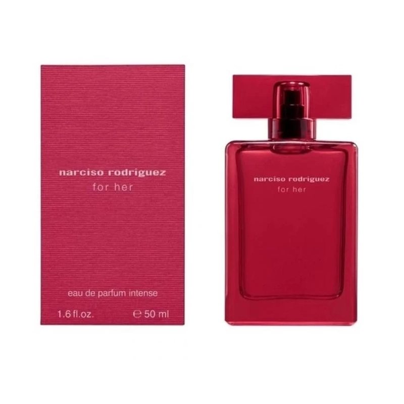 Narciso Rodriguez for Her Eau de Parfum Intense bottle beside its pink box (50 ml).