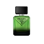Prada Milano perfume bottle with emerald green liquid and a black square cap.