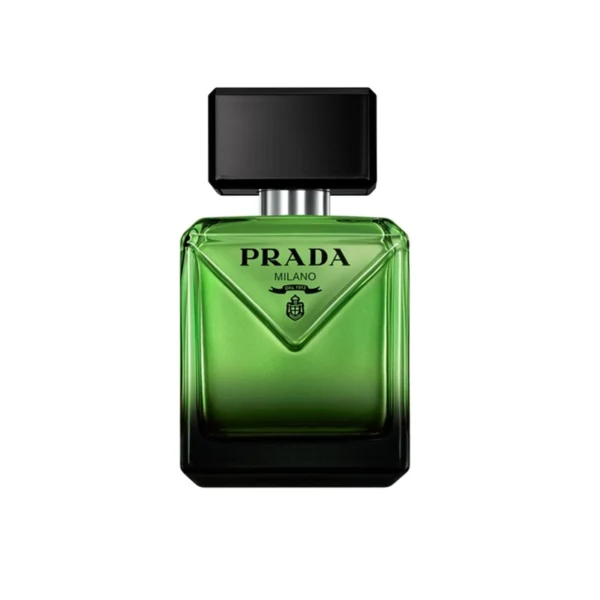 Prada Milano perfume bottle with emerald green liquid and a black square cap.