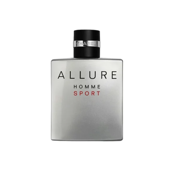 Silver bottle of Chanel Allure Homme Sport fragrance with a black cap on a white background
